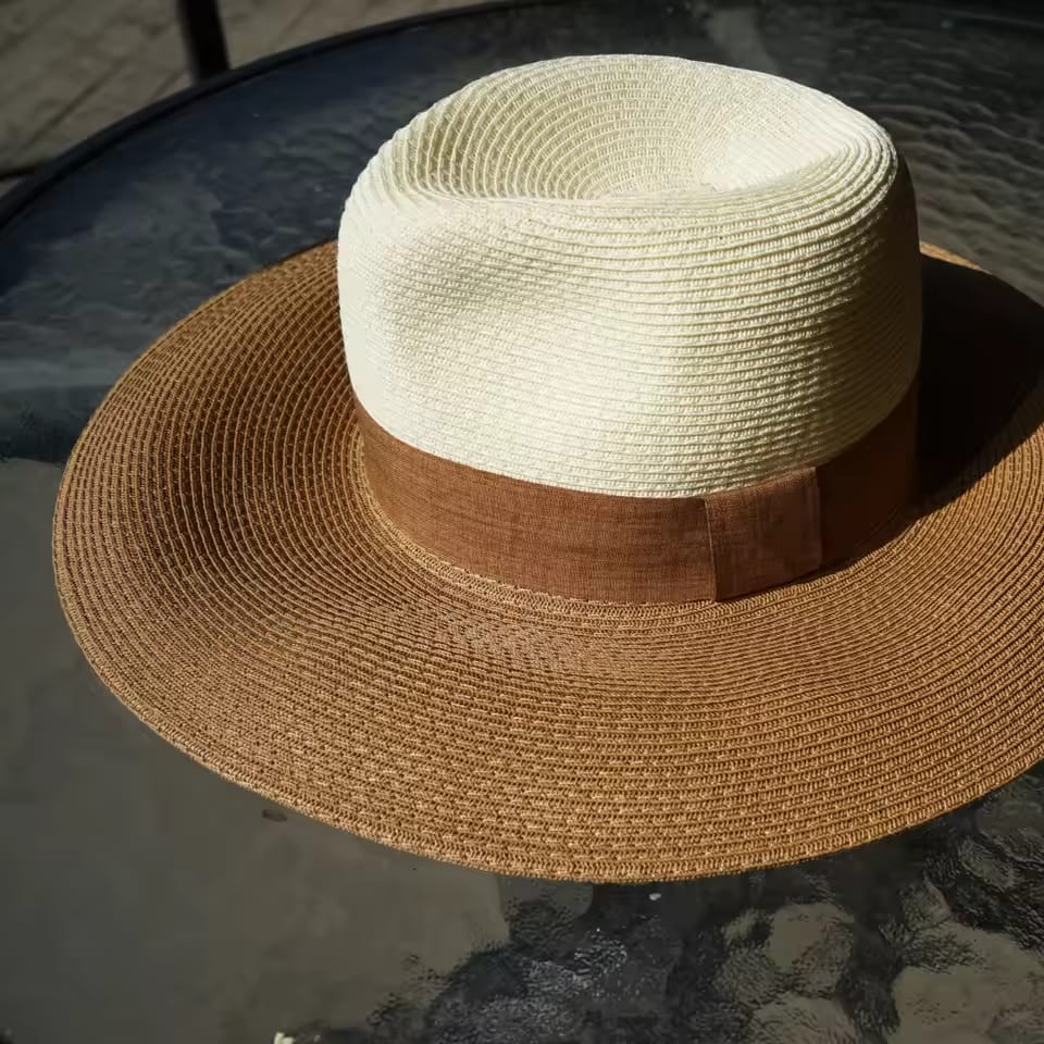 Womens Mens White Khaki Patchwork Ribbon Straw Hat Wide Brim Panama Hat Derby Church Fedora Hat Summer Beach Sun Hat UPF