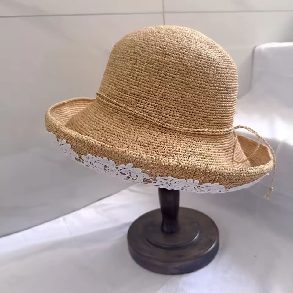Summer handmade Raffi straw hat women elegant fashion lace flowers large eaves sunblock foldable UV protection fisherman hat