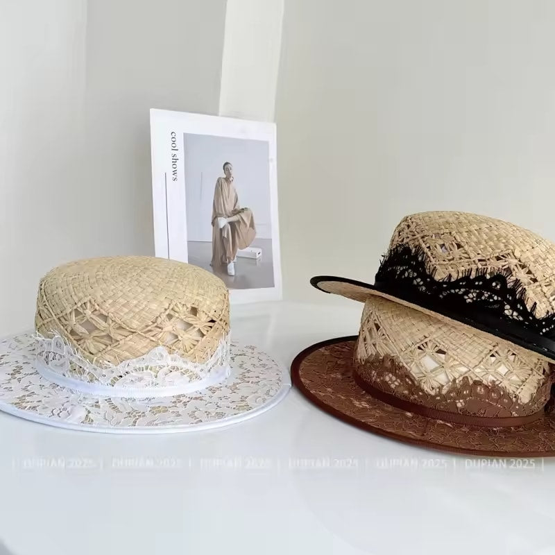Fashion New Summer Japanese Lace Raffia Straw Hat For Women Casual Beach Hat Wide Brim Luxury Outdoor Wedding Hat