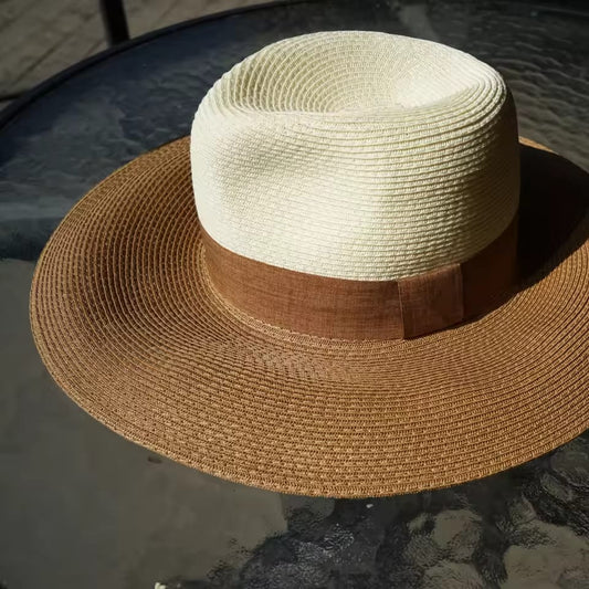 Womens Mens White Khaki Patchwork Ribbon Straw Hat Wide Brim Panama Hat Derby Church Fedora Hat Summer Beach Sun Hat UPF