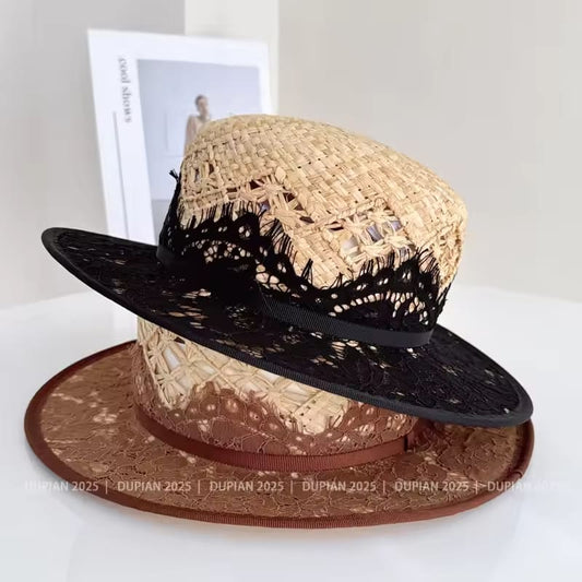 Fashion New Summer Japanese Lace Raffia Straw Hat For Women Casual Beach Hat Wide Brim Luxury Outdoor Wedding Hat