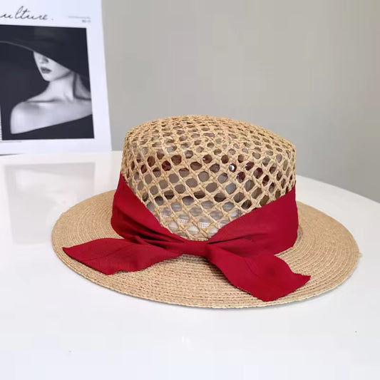 Designer Boater Straw Hats Ribbon Band Sea Grass Sun Hat Breathable Hollow Out Style Beach Hat Fine Braid UPF50+ Hat for Women