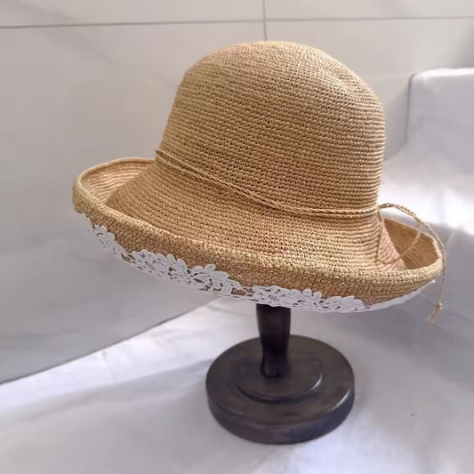 Summer handmade Raffi straw hat women elegant fashion lace flowers large eaves sunblock foldable UV protection fisherman hat