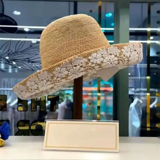 Summer handmade Raffi straw hat women elegant fashion lace flowers large eaves sunblock foldable UV protection fisherman hat