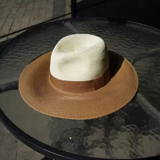 Womens Mens White Khaki Patchwork Ribbon Straw Hat Wide Brim Panama Hat Derby Church Fedora Hat Summer Beach Sun Hat UPF