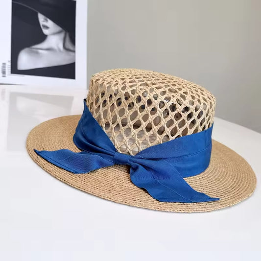 Designer Boater Straw Hats Ribbon Band Sea Grass Sun Hat Breathable Hollow Out Style Beach Hat Fine Braid UPF50+ Hat for Women